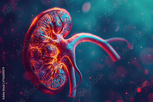 3D rendered image of a human kidney with detailed anatomy glowing against a dark blue background with floating particles, suitable for medical and educational content © fotogurmespb