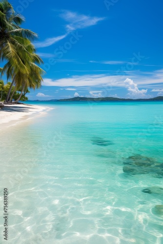 Coconut trees on a beautiful tropical beach with white sand and crystal clear water © Adobe Contributor