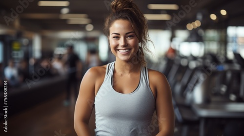Portrait of a young woman in a gray tank top smiling in a gym