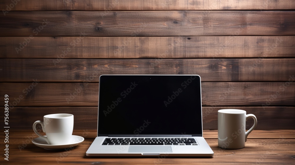 Laptop and two coffee cups on a wooden table