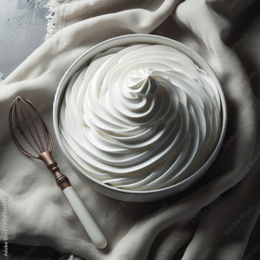 Bowl of whipped cream is nestled in fabric on surface
