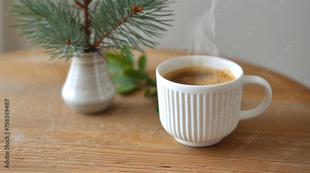 Elegant and simple white ceramic coffee cup with saucer on wooden table Elegant and simple white ceramic coffee cup with saucer on wooden table