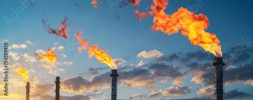 Emissions from Flare Stacks at Oil Refinery. Concept Gas Flaring, Air Pollution, Industrial Processes, Environmental Impact