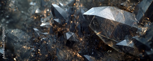 A 3D rendered, abstract panorama of black crystal formations, showcasing a faceted texture that resembles a wide, macroscopic view of a mysterious, dark gemstone landscape. © vadymstock