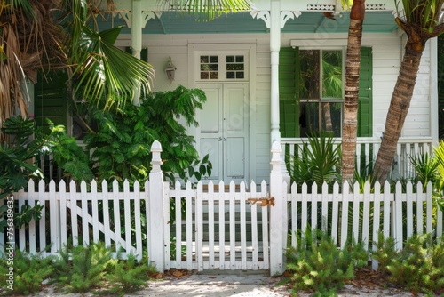 White Beach Wooden Fence and House with Picket Door Gate, Front Porch, and Green Landscaping Trees. American Exterior Vacation Cottage Home Architecture