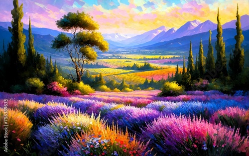 Landscape painting of a hilly field full of lavender, trees, sunrise, sunset