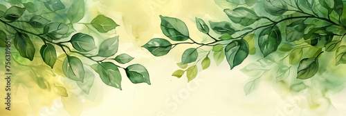 Watercolor-style background with lush green leaves on branches, ideal for spring-themed designs, with ample space for text, watercolor