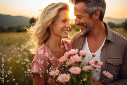 Happy couple in love holding flowers in a field