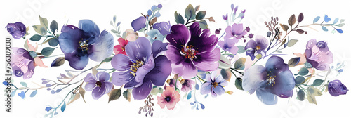 Elegant panoramic floral illustration with vibrant watercolor purple and pink flowers, ideal for wedding stationery backgrounds or spring-themed designs with ample space for text