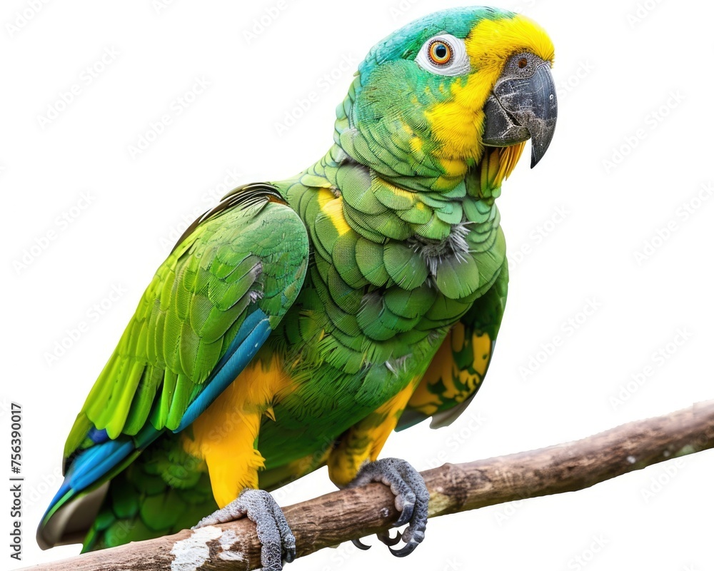 Yellow-Naped Parrot on Isolated White Background - Stunning Domestic Bird Pet in Green Feathers with Cut-Out and Hanging Feature