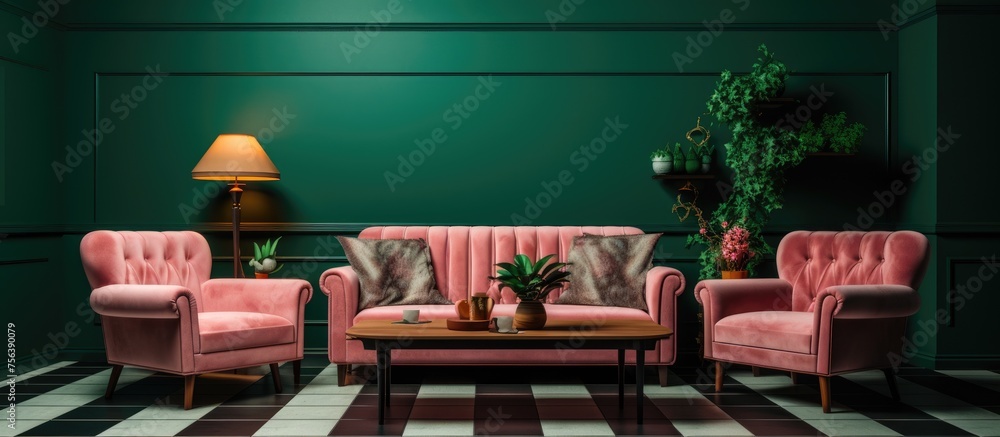 Pink furniture brings a pop of color to the greenwalled living room. The interior design features a cozy couch, wooden table, and lush plants Pink furniture brings a pop of color to the greenwalled living room. The interior design features a cozy couch, wooden table, and lush plants