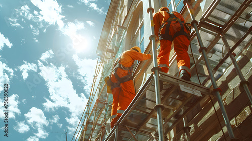 Cleaning personnel in safety uniforms on scaffolding, cleaning windows in a building. Cleaning and security service. Generative Ai