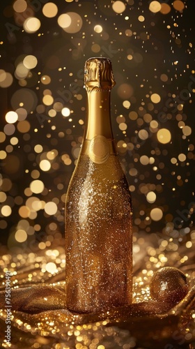 A bottle of champagne adorned with gold glitter
