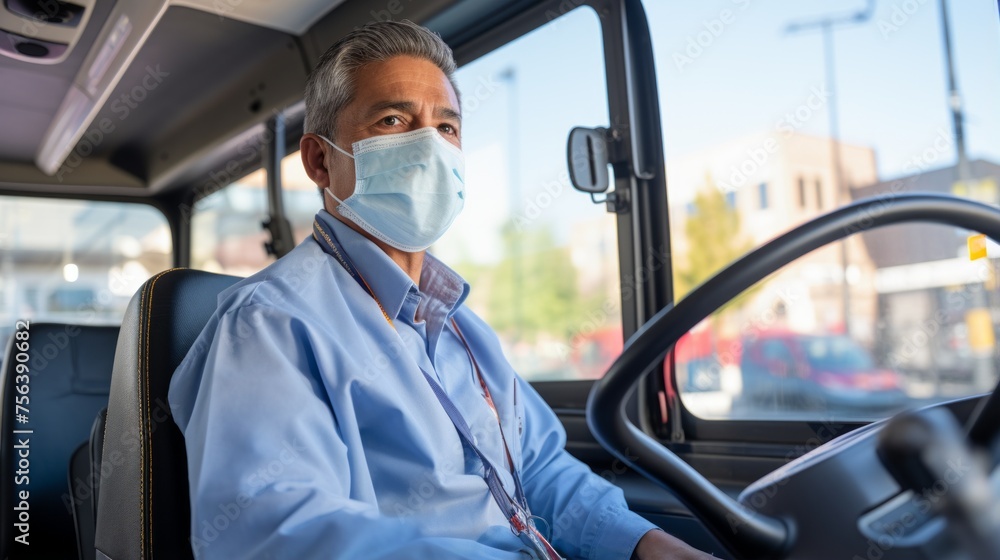 Hispanic bus driver wearing a facial mask Hispanic bus driver wearing a facial mask