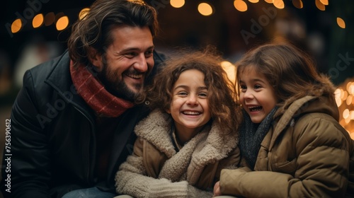 Father and daughters laughing together in the winter
