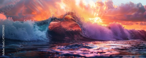 A colorful wave with a sunset in the background