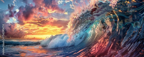 A colorful wave with a sunset in the background