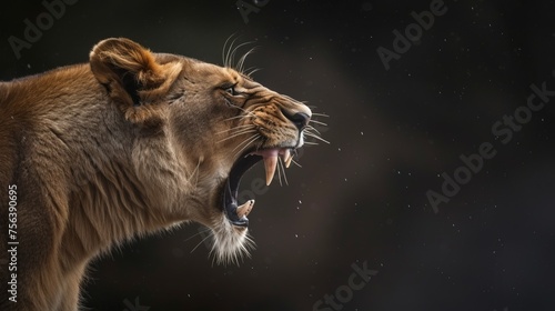 Close up of a female lion roaring with a dark background
