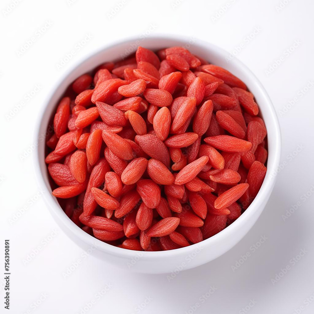 Goji berries in white bowl. Lycium barbarum red dried berries in ceramic bowl on white background. Goji berries in white bowl. Lycium barbarum red dried berries in ceramic bowl on white background.