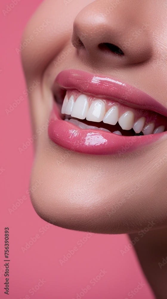Obraz premium A close-up of a woman flaunting her sparkling clean teeth with a smile, set against a pink backdrop with space for text.