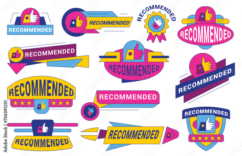 Naklejka premium Recommended badge banner collection. Set of banner recommended with thumbs up. Collection of advertising badges with like