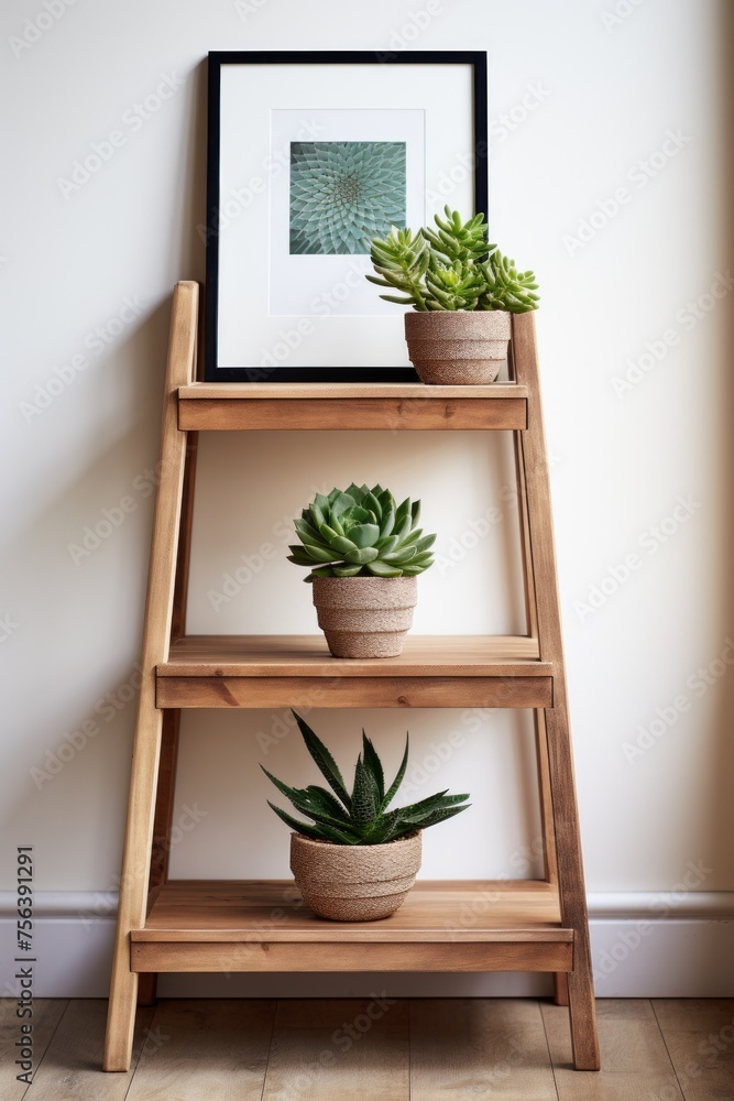 Three different kinds of succulents on a wooden shelf Three different kinds of succulents on a wooden shelf