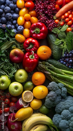 A colorful display of fresh, organic fruits and vegetables arranged in a rainbow spectrum, symbolizing health and natural diversity