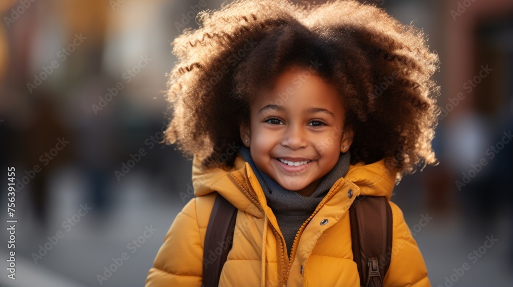 Portrait of a smiling young girl with curly hair wearing a yellow jacket - obrazy, fototapety, plakaty 