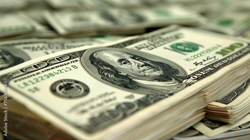 Stacks of hundred dollar bills arranged in a close-up view. Stacks of hundred dollar bills arranged in a close-up view.