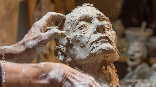 Hands of a sculptor sculpting a clay figure