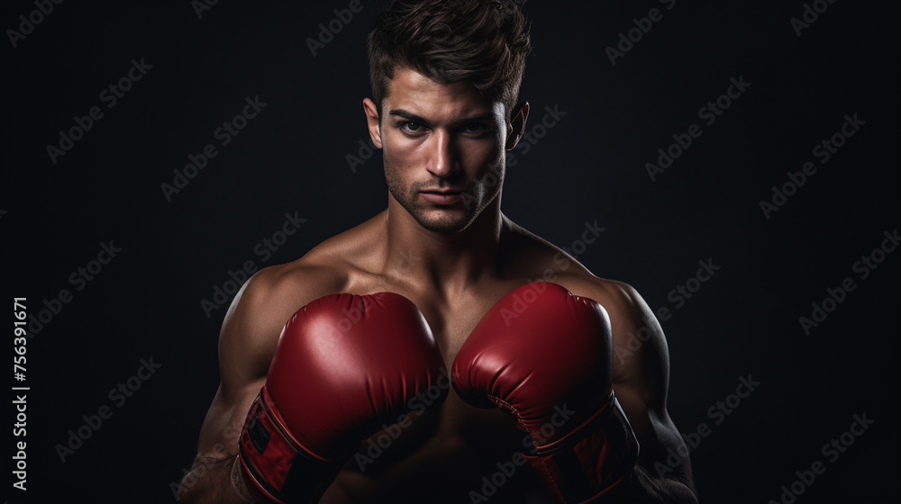 Male model flaunting boxing gloves, caught in a jabbing motion, amidst a dark gray backdrop replete with copy space.