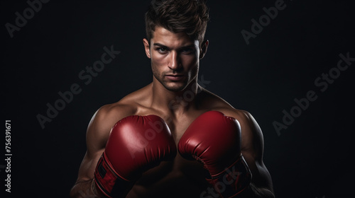 Male model flaunting boxing gloves, caught in a jabbing motion, amidst a dark gray backdrop replete with copy space. © Abdul