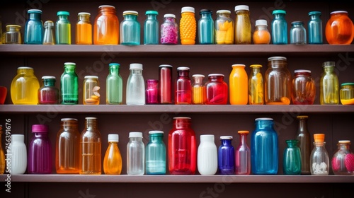 Colorful glass bottles on wooden shelves