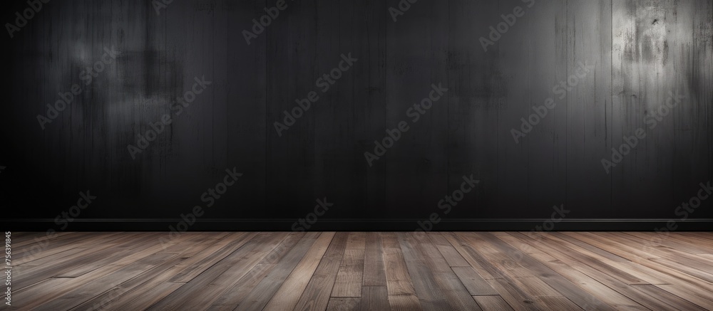 Empty room with black wall and wooden floor - obrazy, fototapety, plakaty 