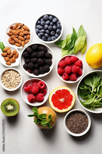 A variety of healthy food ingredients including fruits, vegetables, nuts, and seeds
