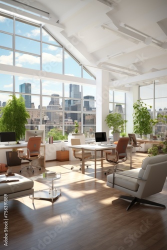 Modern office interior with large windows and city view