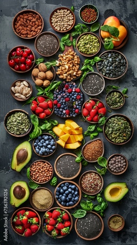 A curated selection of healthy foods, featuring a colorful array of superfoods, fruits, berries, nuts, and seeds, promoting a nutritious lifestyle.