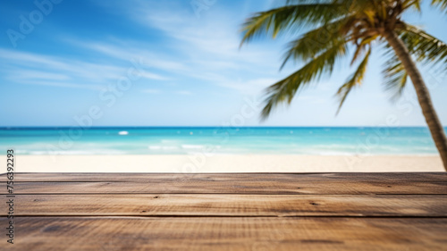 Wood table top on blur beach background used for display or montage your products  travel and relax activity concept