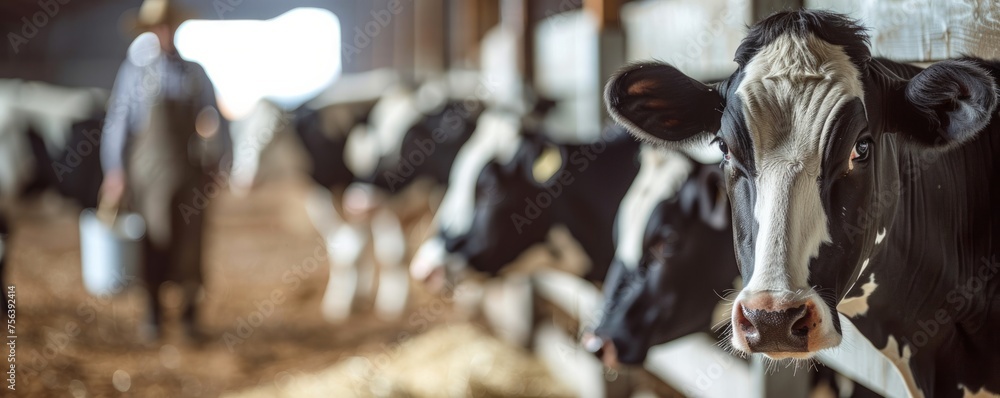 A detailed view of black and white Holstein dairy cows enjoying their meal, peeking curiously from behind the stall fence in a barn. A detailed view of black and white Holstein dairy cows enjoying their meal, peeking curiously from behind the stall fence in a barn.
