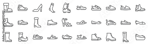 Set of 30 outline icons related to footwear.Linear icon collection. Editable stroke. Vector illustration photo