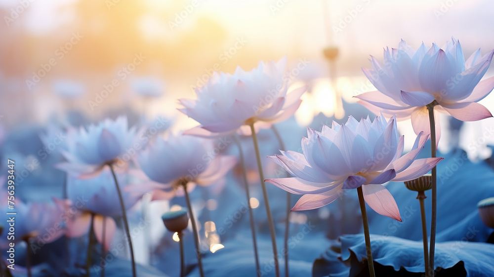 lotus flowers in nature, delicate pastel morning background pink and blue shades of tenderness and beauty of nature. fictional graphics - obrazy, fototapety, plakaty 