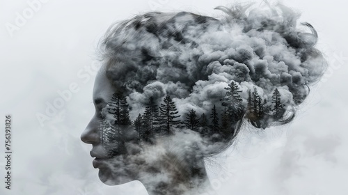 Abstract double exposure woman silhouette blending with serene forest landscape