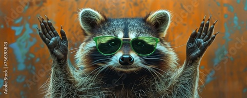 A comical picture features a raccoon sporting green sunglasses and making a rock gesture, injecting a playful sense of whimsy and defiance.