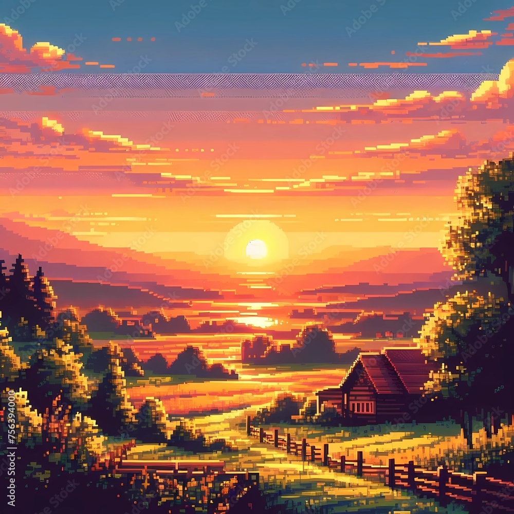 A nostalgic pixel art version of the most searched wallpaper, with a warm color palette depicting a scenic countryside sunset, pixel art, nostalgic
