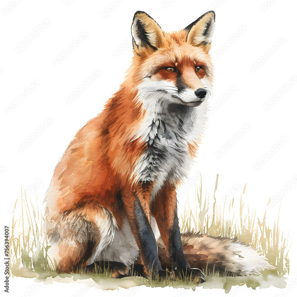 A red fox sits in the grass, depicted on a white background in a painting