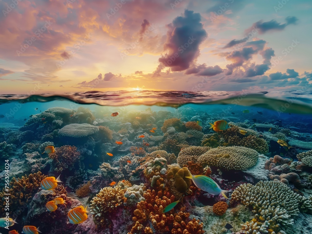 Split view of a vibrant coral reef teeming with tropical fish beneath a dramatic sunset sky.