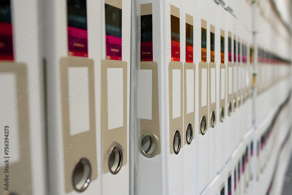 Stack or cabinet of document files in the office, business, finance, or education concept picture of a pile of colourful files of papers in the business firm or company