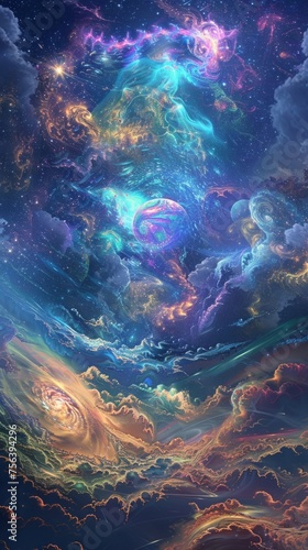 A captivating science fiction vista that showcases the cosmos's breathtaking beauty, marked by vivid colors and patterns echoing the essence of ocean waves, nebulae, and celestial entities.