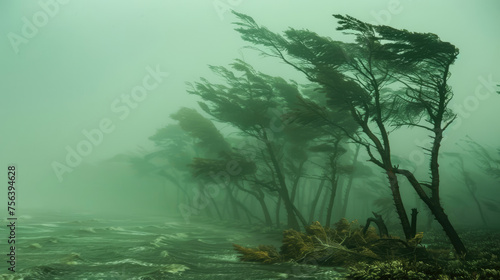 Strong wind and hurricane, trees bend under the force of the wind. © brillianata