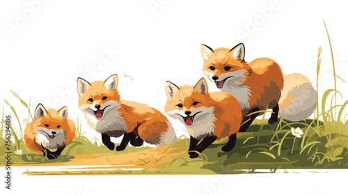 A group of red fox kits playfully tumbling and poun